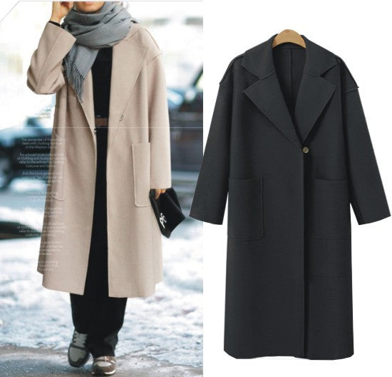 Women's Solid Color Woolen Collar Loose Mid-length Coats