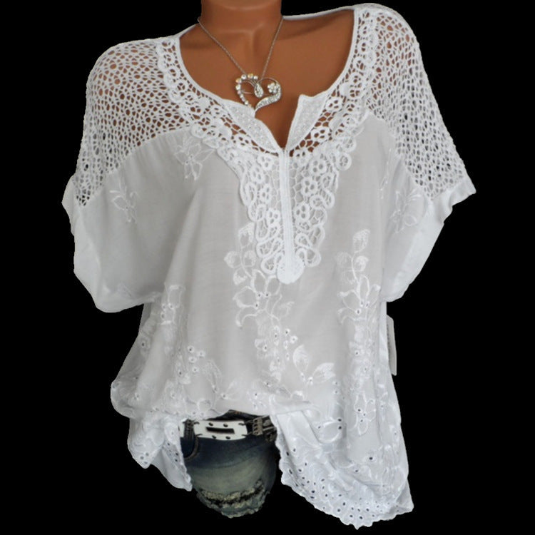 Women's Fashion Wear Lace V-neck Embroidery Sleeve Batwing Blouses