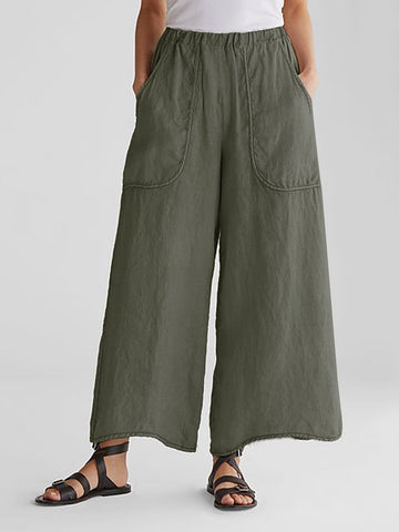 Pantalon décontracté à grandes poches en coton et lin pour femmes