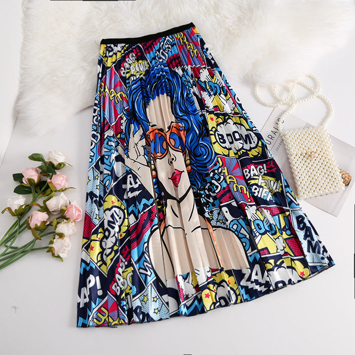 Women's Elastic Waist Pleated Printed Mid-length Big Hem Skirts
