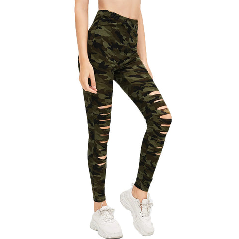 Silk Skinny Camouflage Printed Ripped Stretch Leggings
