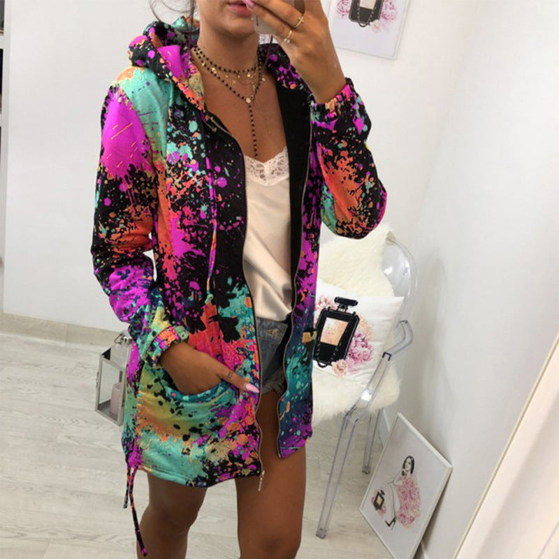 Women's Loose-fitting Printed Hooded Mid-length Long Sleeve Sweaters