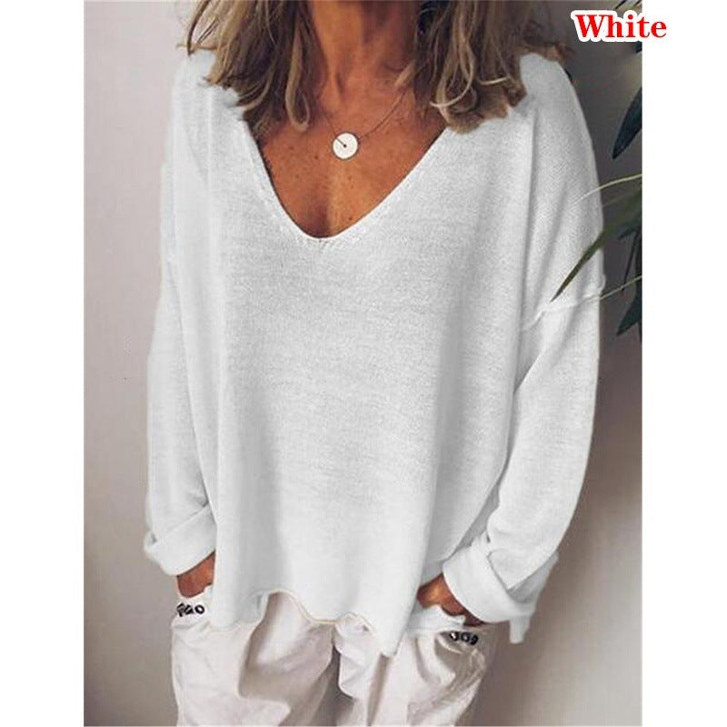 Women's V-neck Cotton Solid Color Long Sleeve Blouses
