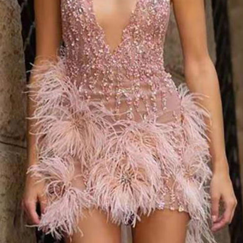 Women's Feather Slip Dress Deep Sexy Nightclub Dresses