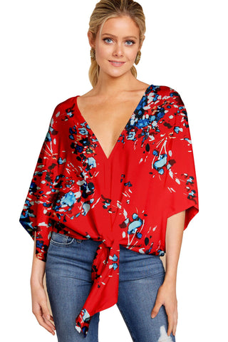 Women's Shirt V-neck Short-sleeved Knotted Printed Tops