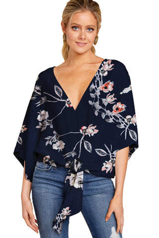 Women's Shirt V-neck Short-sleeved Knotted Printed Tops