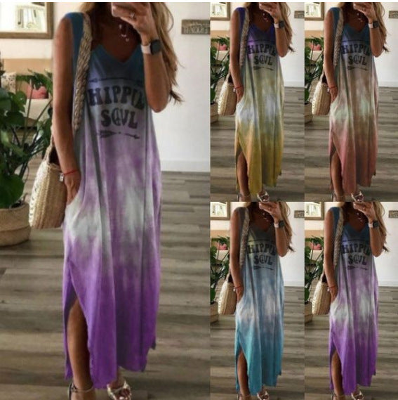 Women's Tie-dye Letter Dress Casual Loose Gradient Print Sleeveless Skirts