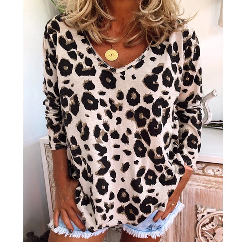 Women's Digital Printing Leopard Print Long-sleeved T-shirt Blouses