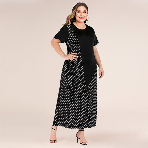 Women's Fashion Patchwork Stripes Loose Long Dress Dresses