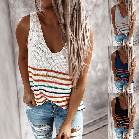Women's Knitted Sleeveless Summer Loose Colorful Striped Tops