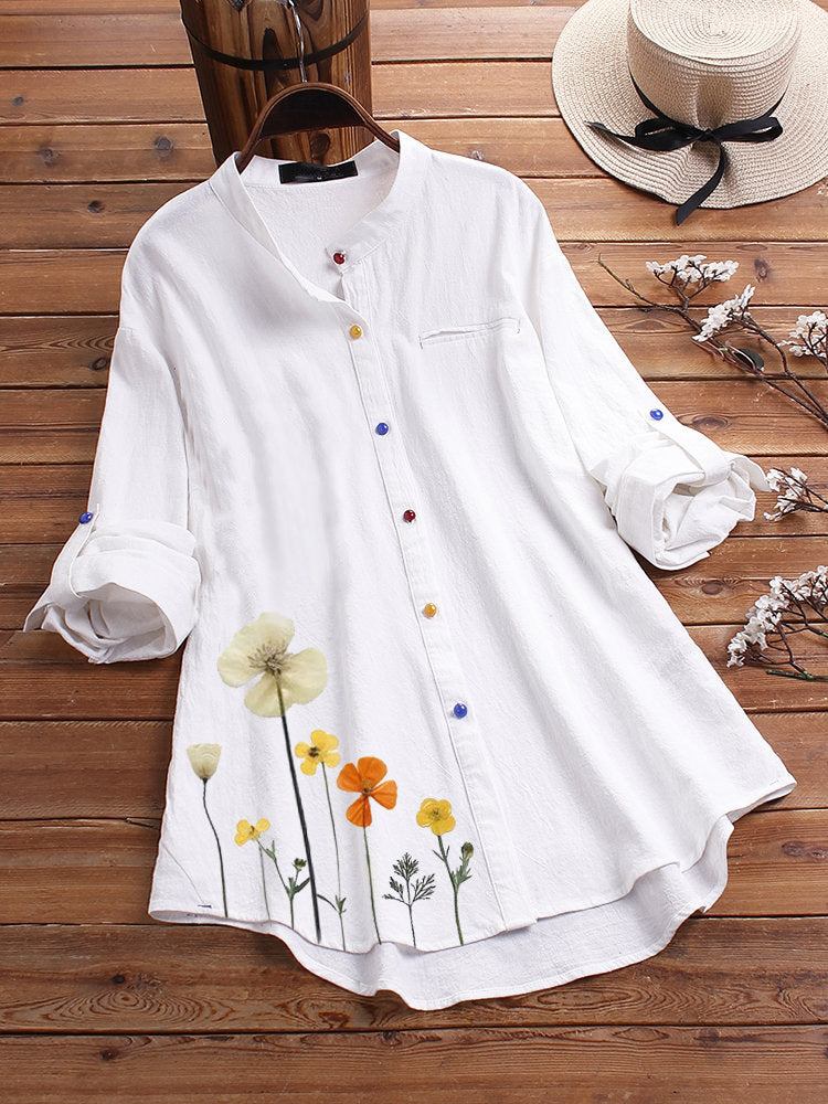 Women's Printed Shirt Stand Collar Color Button Cotton Blouses