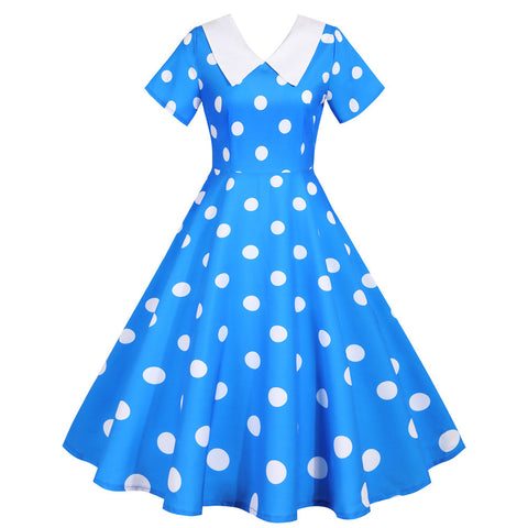 Sleeve V-collar Dot Printed Party Swing Dresses