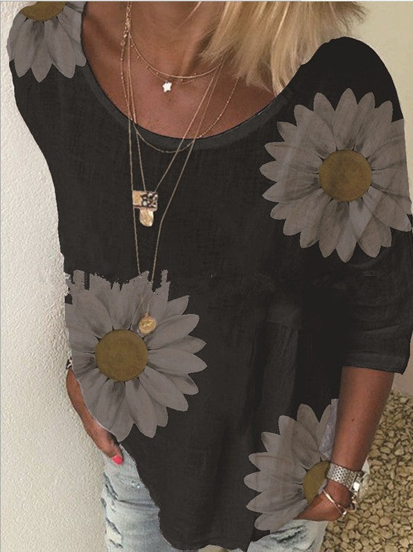 Women's Summer Chrysanthemum Printed Round Neck Sleeves Blouses