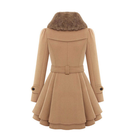 Women's Mid-length Woolen Double-breasted Padded Fur Collar Coats