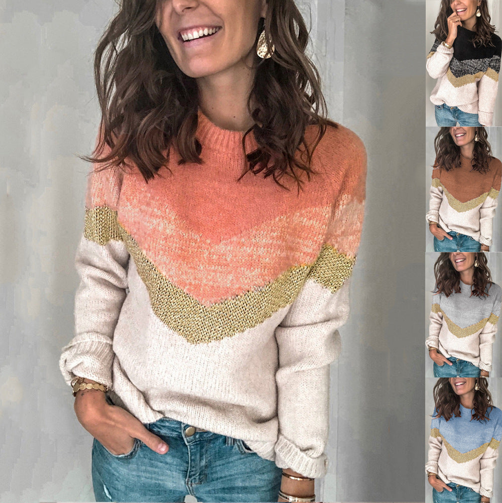 Women's Contrast Patchwork Pullover Round Neck Raglan Knitwear