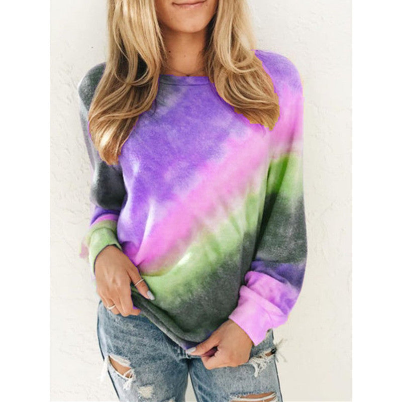 Women's Print Round Neck Long Sleeve Casual Blouses