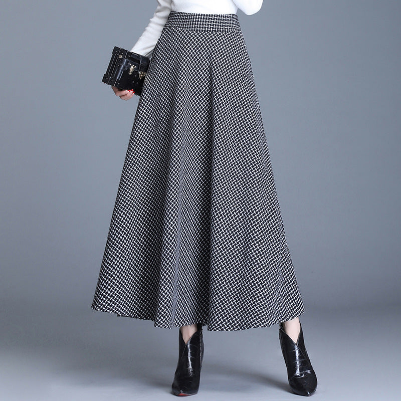 Women's Woolen Printed Checks Large Swing Elastic Waist Skirts