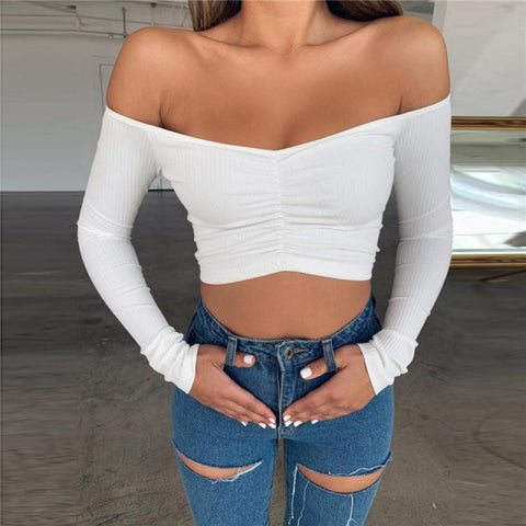 Women's Winter Long-sleeved Off-shoulder Slim Fit Midriff-baring Shorts