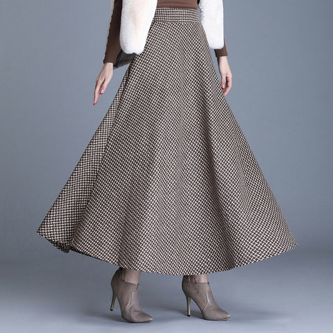 Women's Woolen Printed Checks Large Swing Elastic Waist Skirts