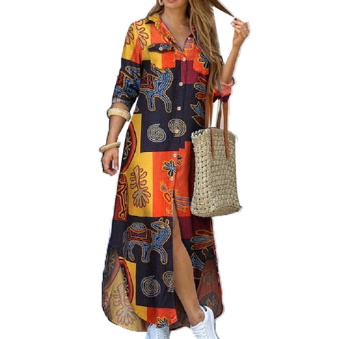 Women's Autumn Single-breasted Printed Long-sleeved Lapel Shirt Dresses