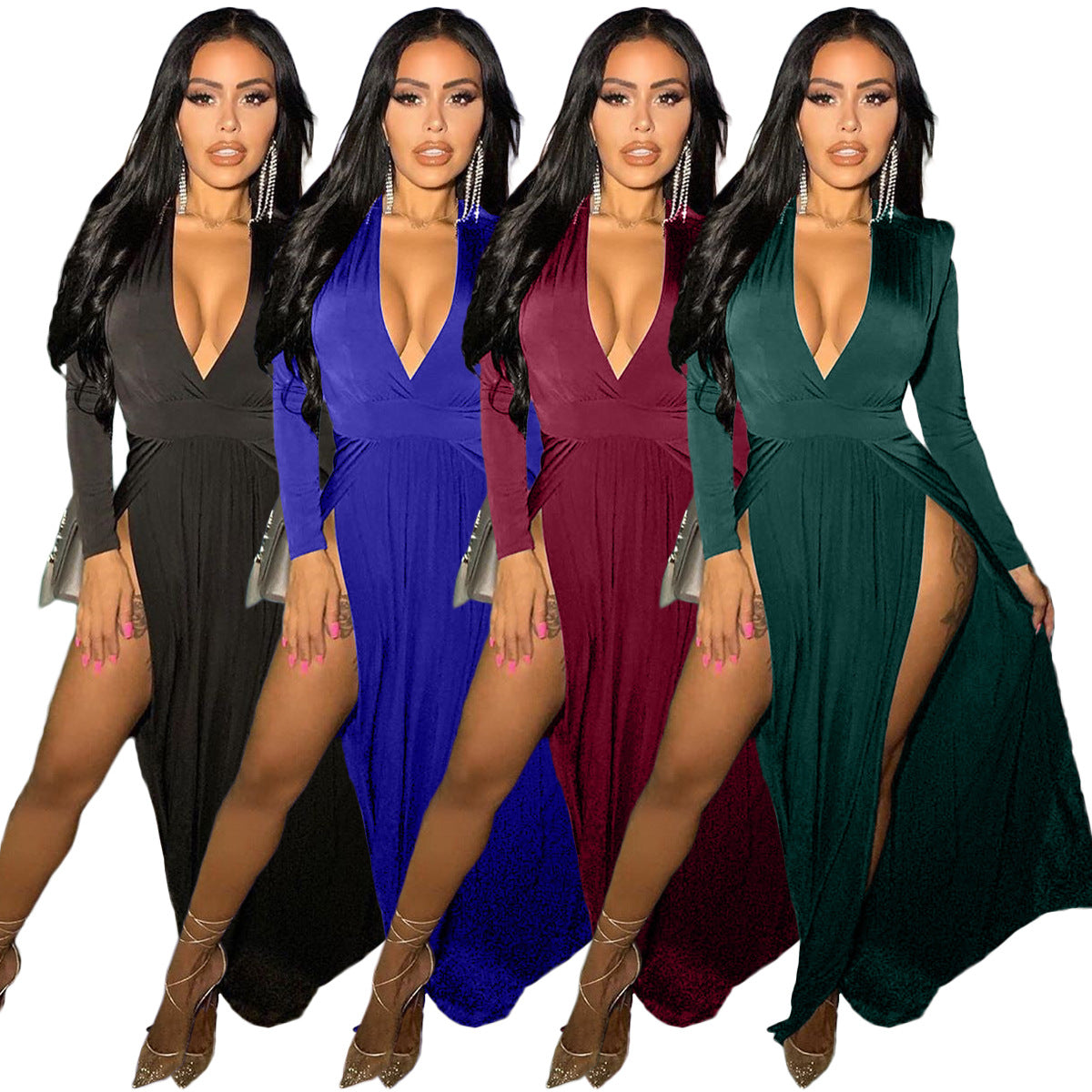 Women's Color Long Sleeve V-neck Patchwork Slit Dresses