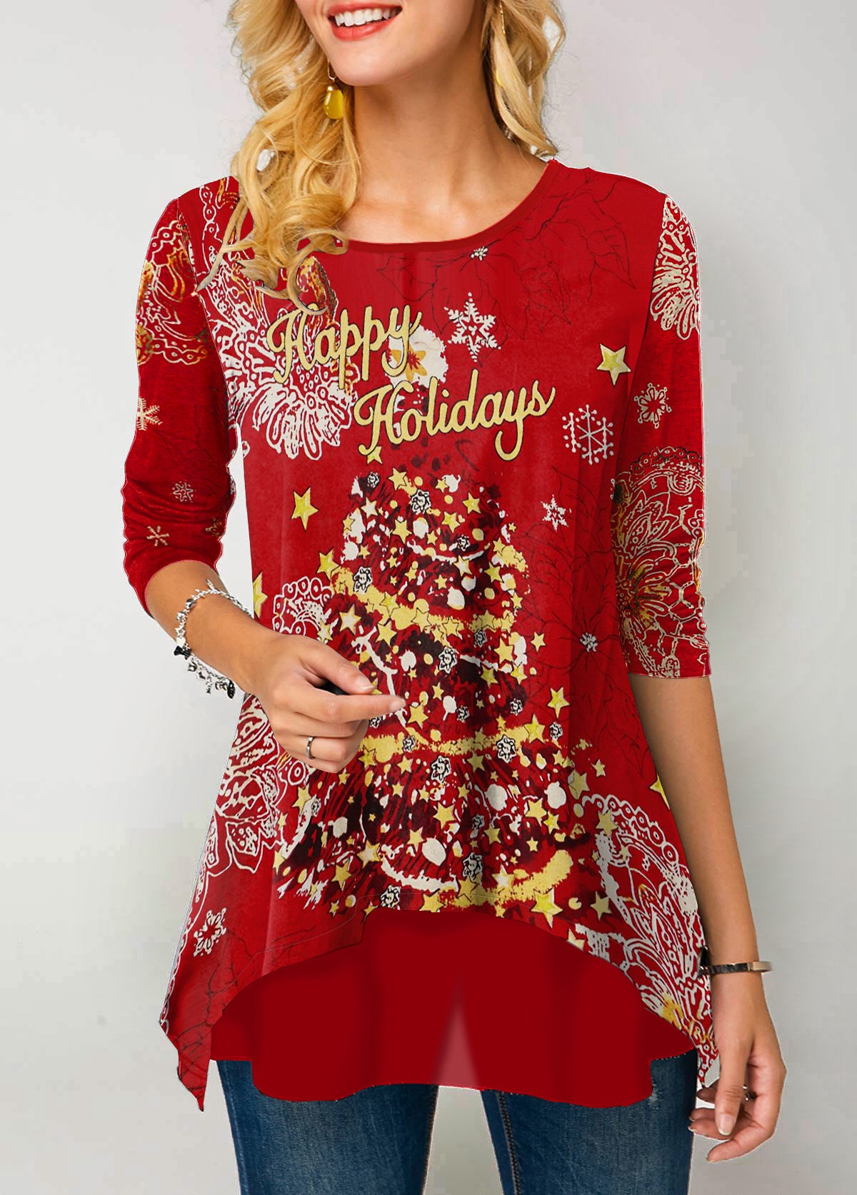 Women's Autumn Printed Round Neck Long-sleeved T-shirt Blouses