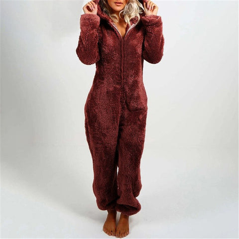 Women's Fleece-lined Thickened Furry Hooded Pajamas Jumpsuits
