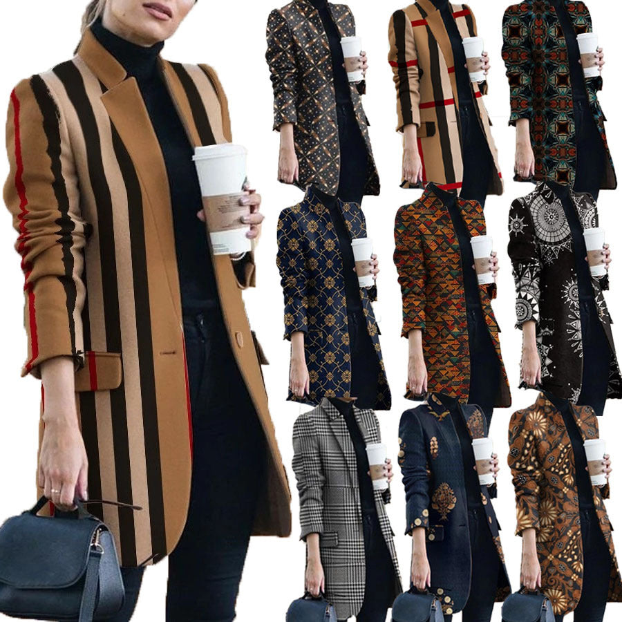 Women's Fashion Printed Stand Collar Woolen For Sweaters