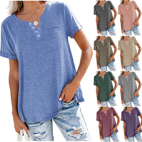 Women's V-neck Sleeve Pocket Loose T-shirt Blouses
