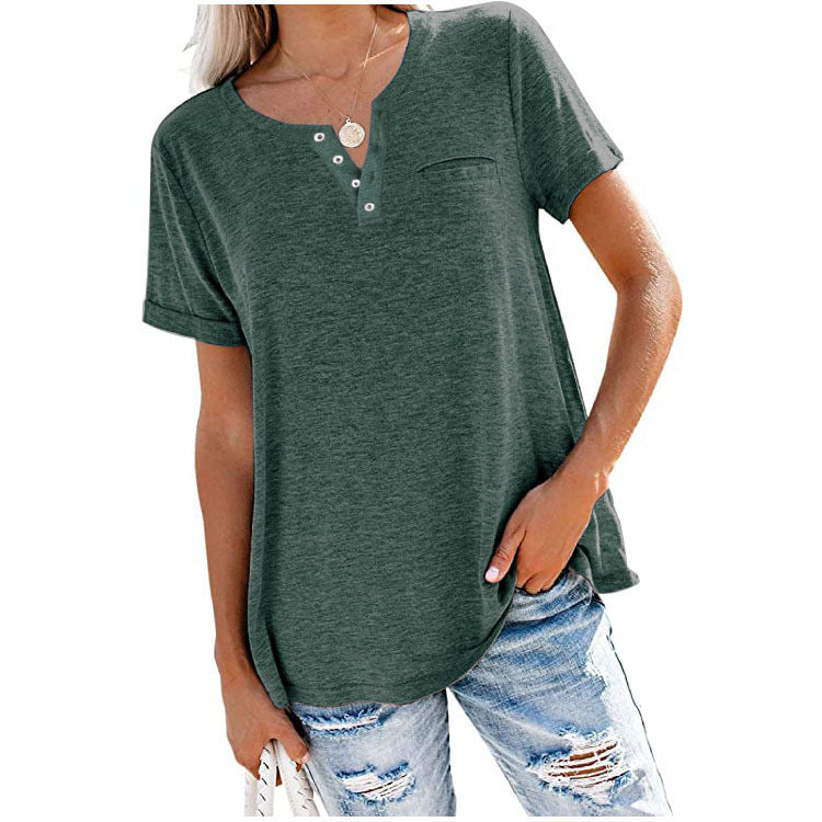 Women's V-neck Sleeve Pocket Loose T-shirt Blouses