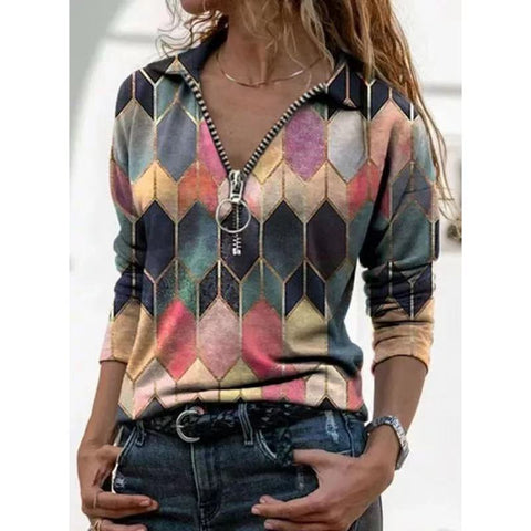Women's Large Slim-fit V-neck Printed Zipper Lapel Long-sleeved Blouses