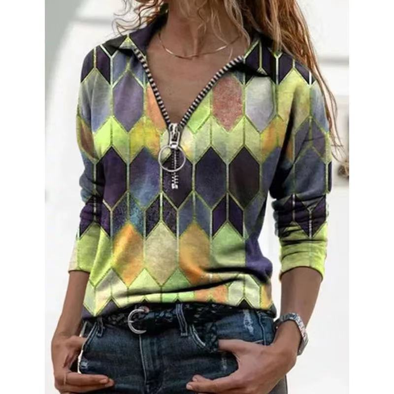 Women's Large Slim-fit V-neck Printed Zipper Lapel Long-sleeved Blouses
