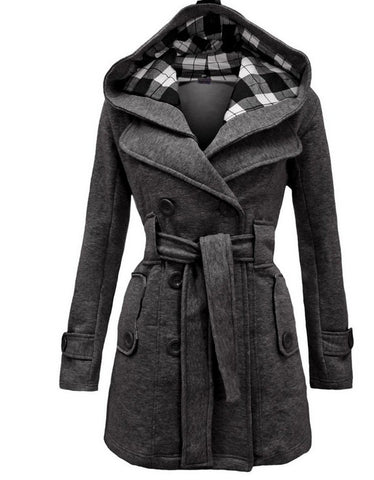 Plaid Hooded Woolen Belt Double-breasted Long Coats