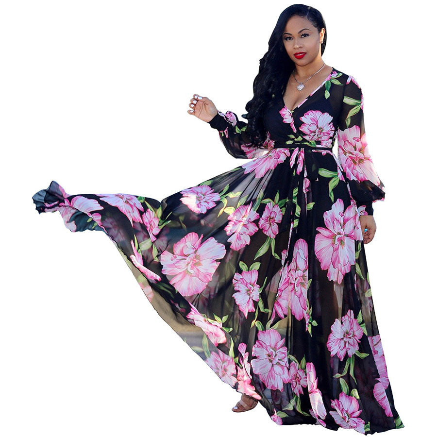 Women's Summer Beach Chiffon Flower Print Fashion Large Dresses