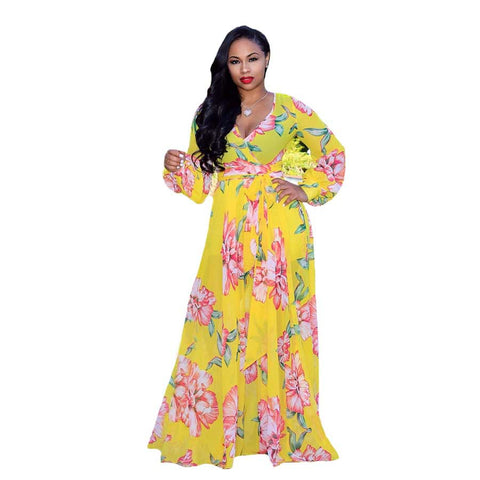 Women's Summer Beach Chiffon Flower Print Fashion Large Dresses