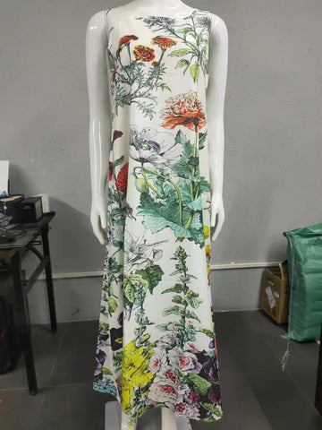 Women's Summer Popular Flower Round Neck Sleeveless Loose Printed Long Dresses