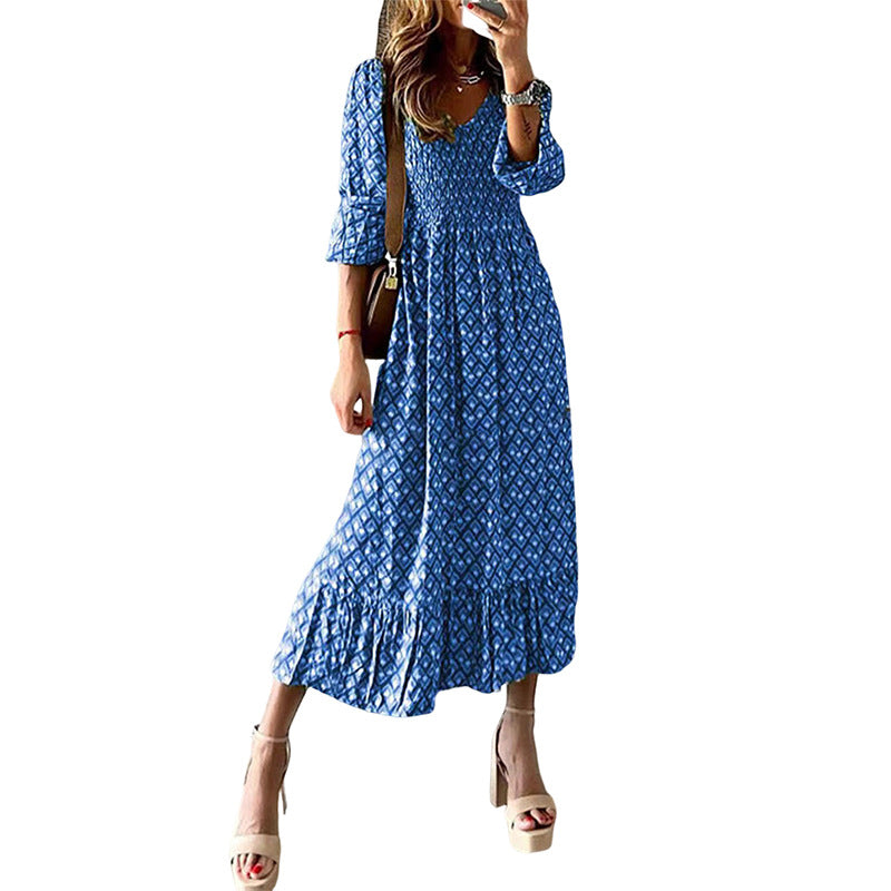 Sleeve Dress Autumn Print Cinched Bell Dresses