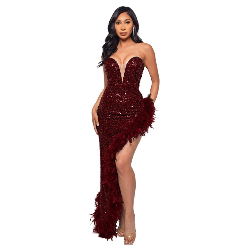 Women's Tube Sequined Feather Dress French Dresses