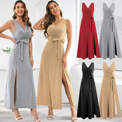 Women's Sexy Sleeveless V-neck Slit Slim-fit Long Dresses