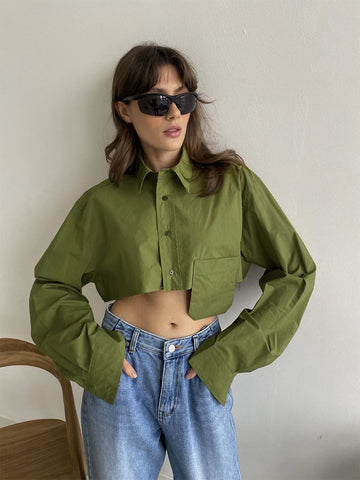 Women's Sleeve Solid Color Shirt Lapel Patch Shorts