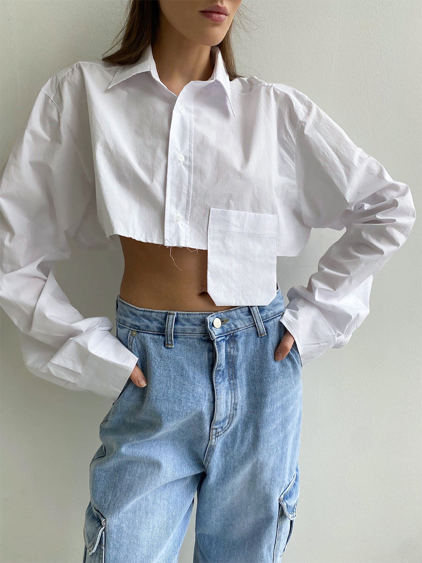 Women's Sleeve Solid Color Shirt Lapel Patch Shorts