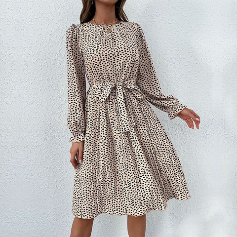 Women's Leopard Print Lace-up Long Sleeve Pleated Dresses