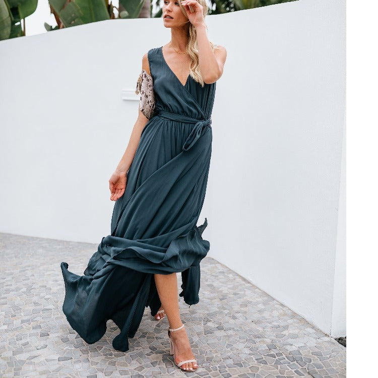 Women's Summer Solid Color V-neck Sleeveless Mid-waist Long Dresses