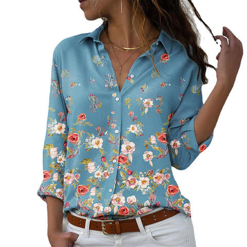 Women's Fashionable Small Flower Printing Lapel Long-sleeved Blouses
