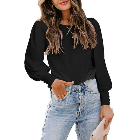 Women's Bubble Sleeve Round Neck Loose Casual Blouses