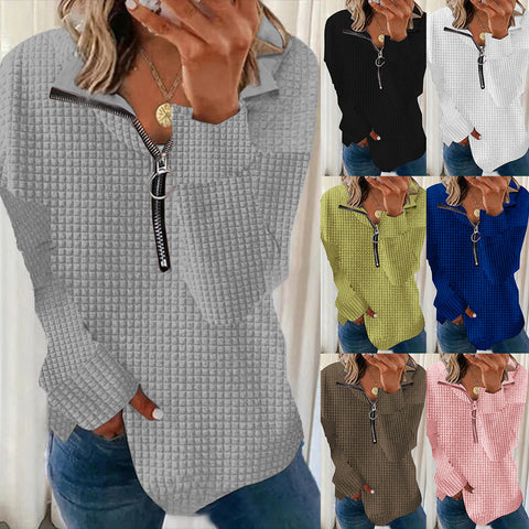 Women's Solid Color Pullover Loose Zip Hoodie Sweaters