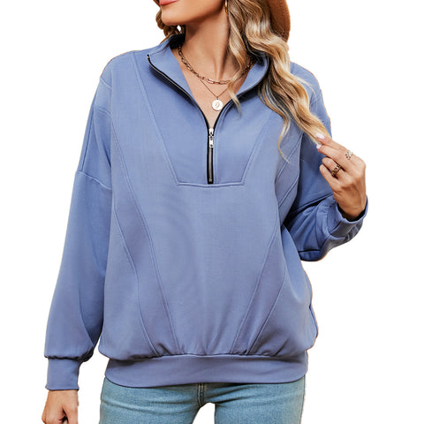 Women's Solid Color Zipper Loose Pullover For Coats