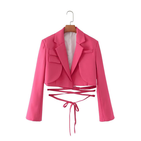 Women's Style Fashion Solid Color Waist Rope Blazers
