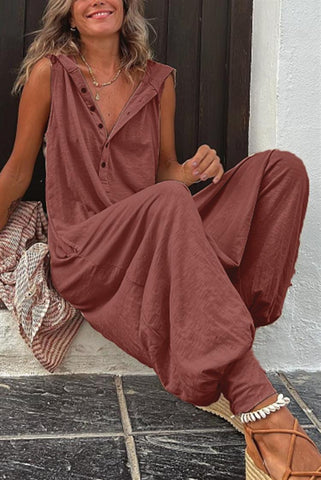 Women's Button Hooded Sleeveless Trousers Baggy Jumpsuits