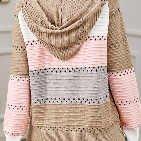 Women's Hooded Knitted Color Matching Hollow Out Knitwear